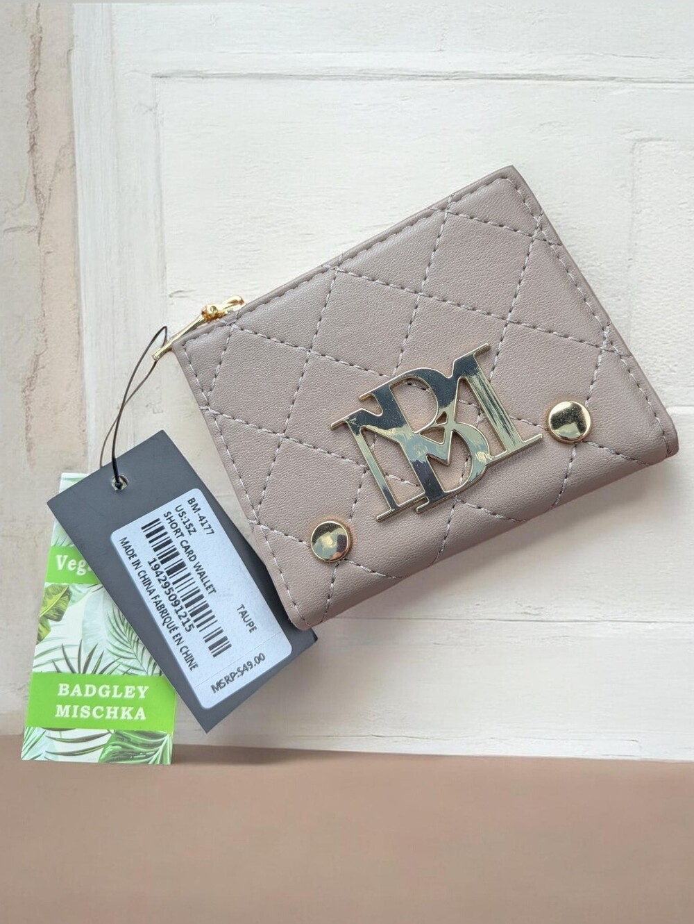 Badgley Mischka Taupe Quilted Mini Zip Card Wallet with Logo BNWT VEGAN LEATHER